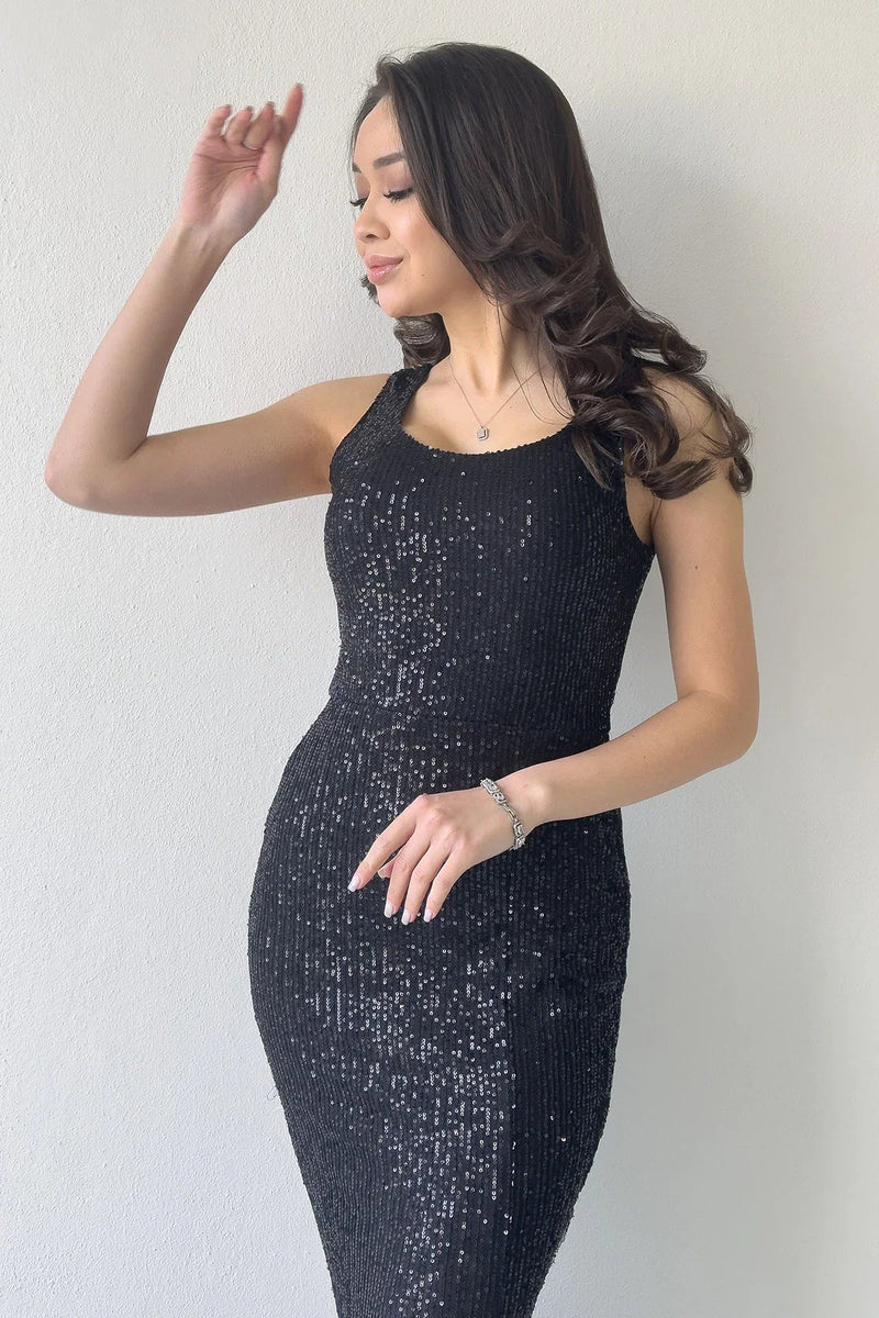 Women's Black Strap Slit Sequin Evening Gown