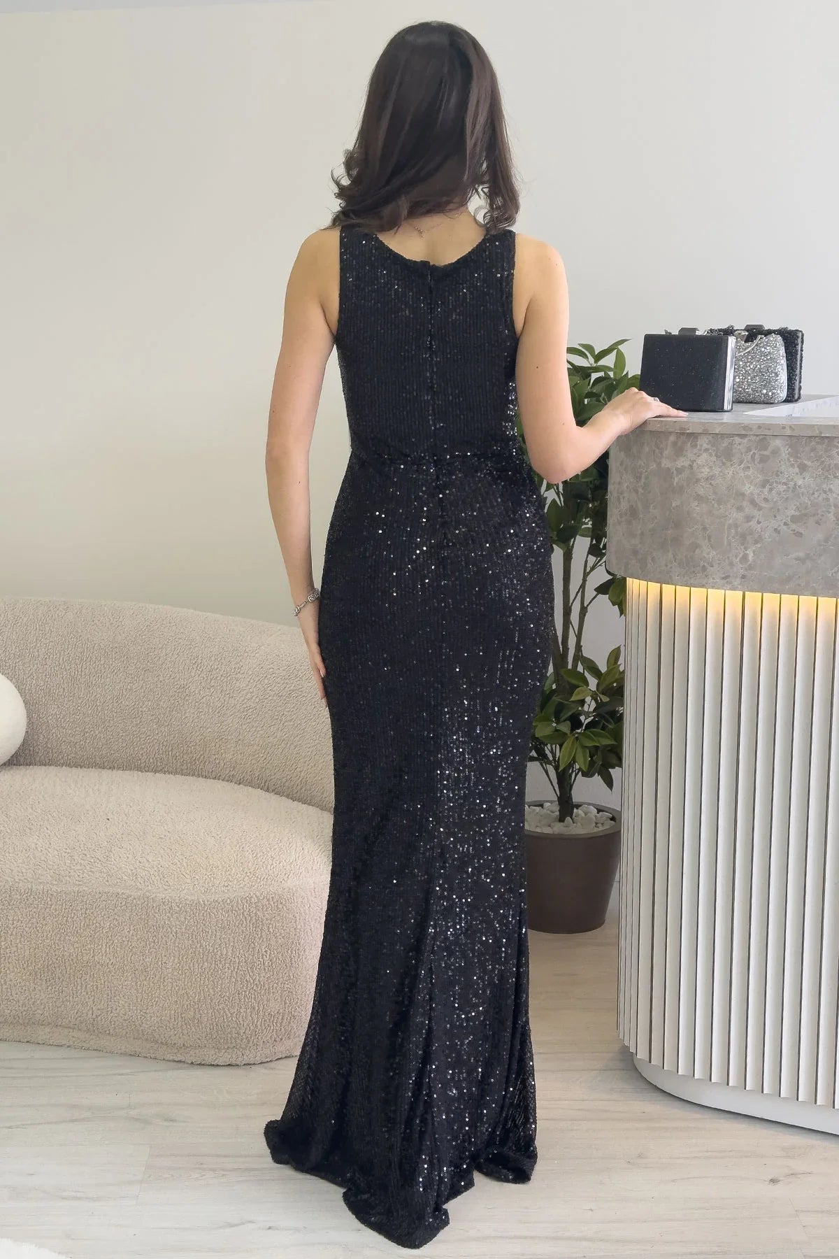 Women's Black Strap Slit Sequin Evening Gown