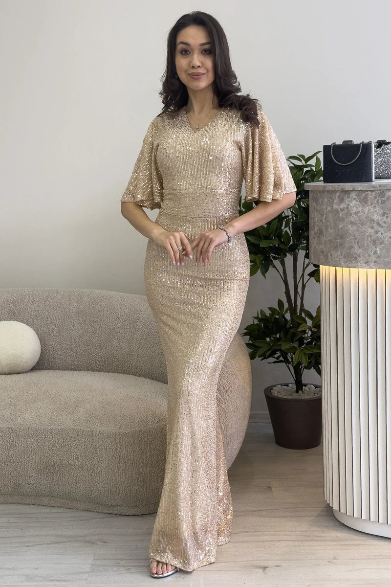 Women's Beige Volan Sleeve Sequin Mermaid Evening Gown