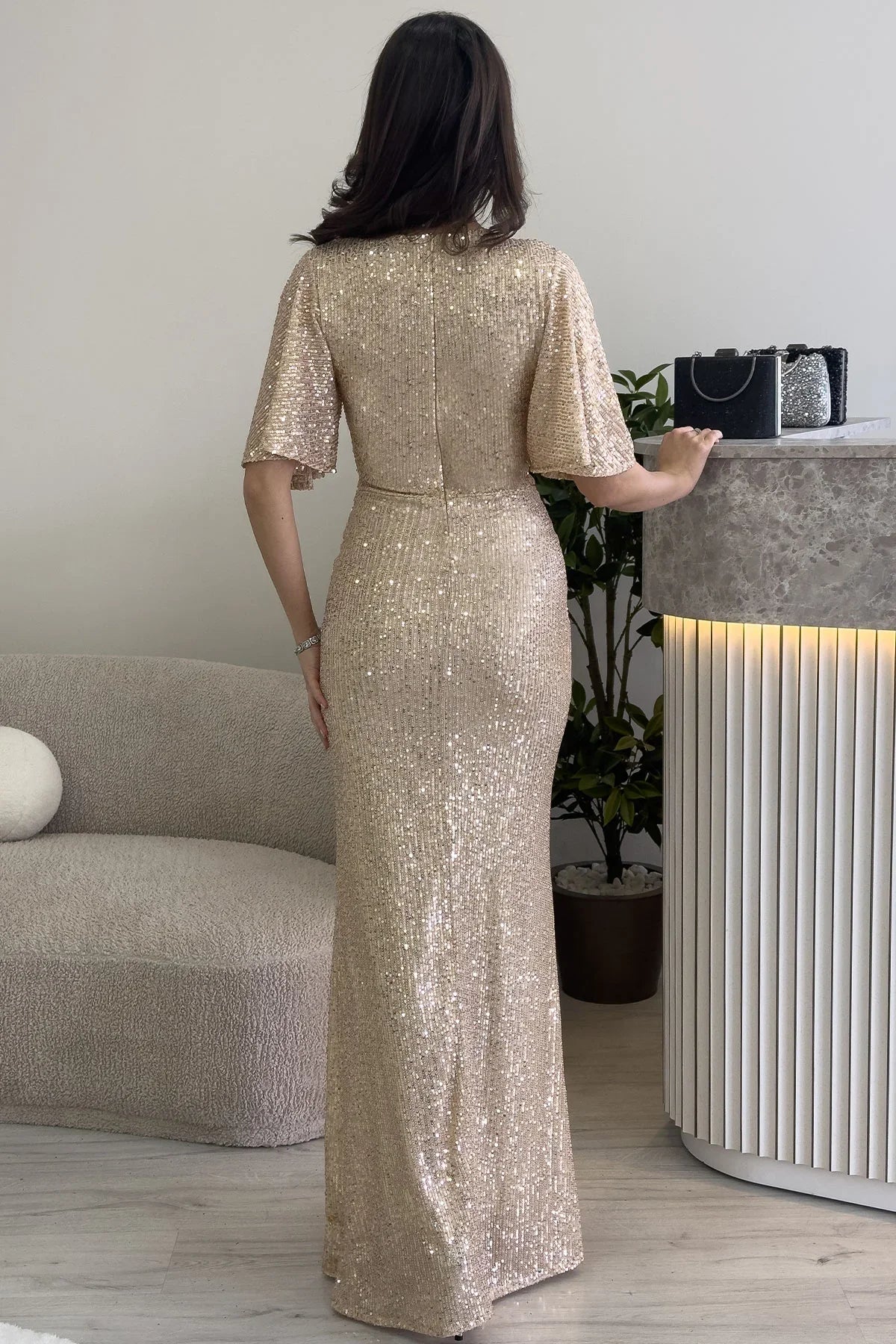 Women's Beige Volan Sleeve Sequin Mermaid Evening Gown