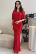 Women's Red Ruffled Sleeve Sequined Fishtail Evening Dress
