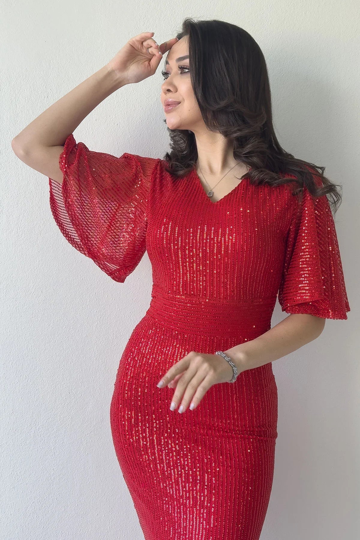 Women's Red Volan Sleeve Sequin Mermaid Evening Gown