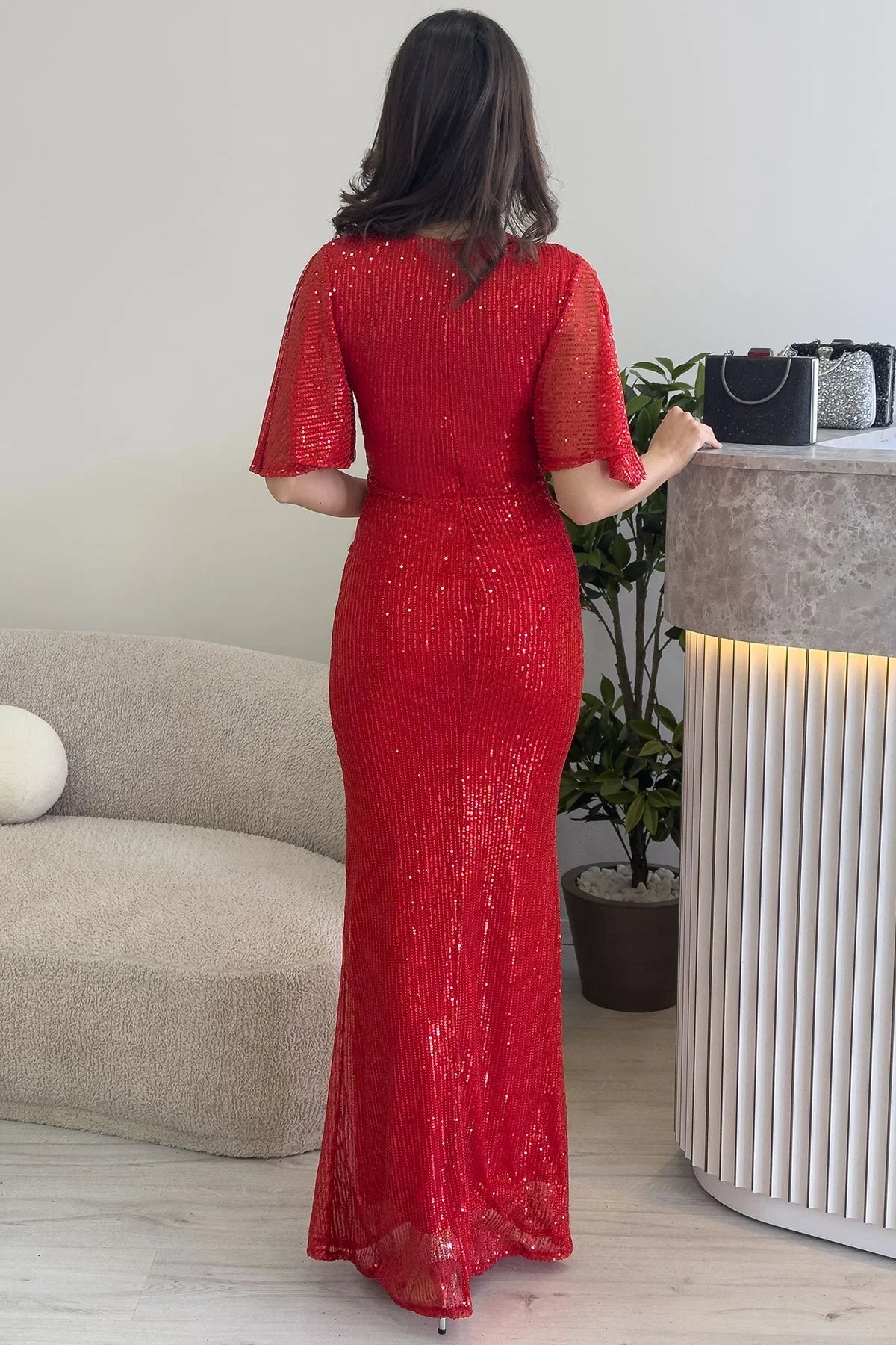 Women's Red Volan Sleeve Sequin Mermaid Evening Gown