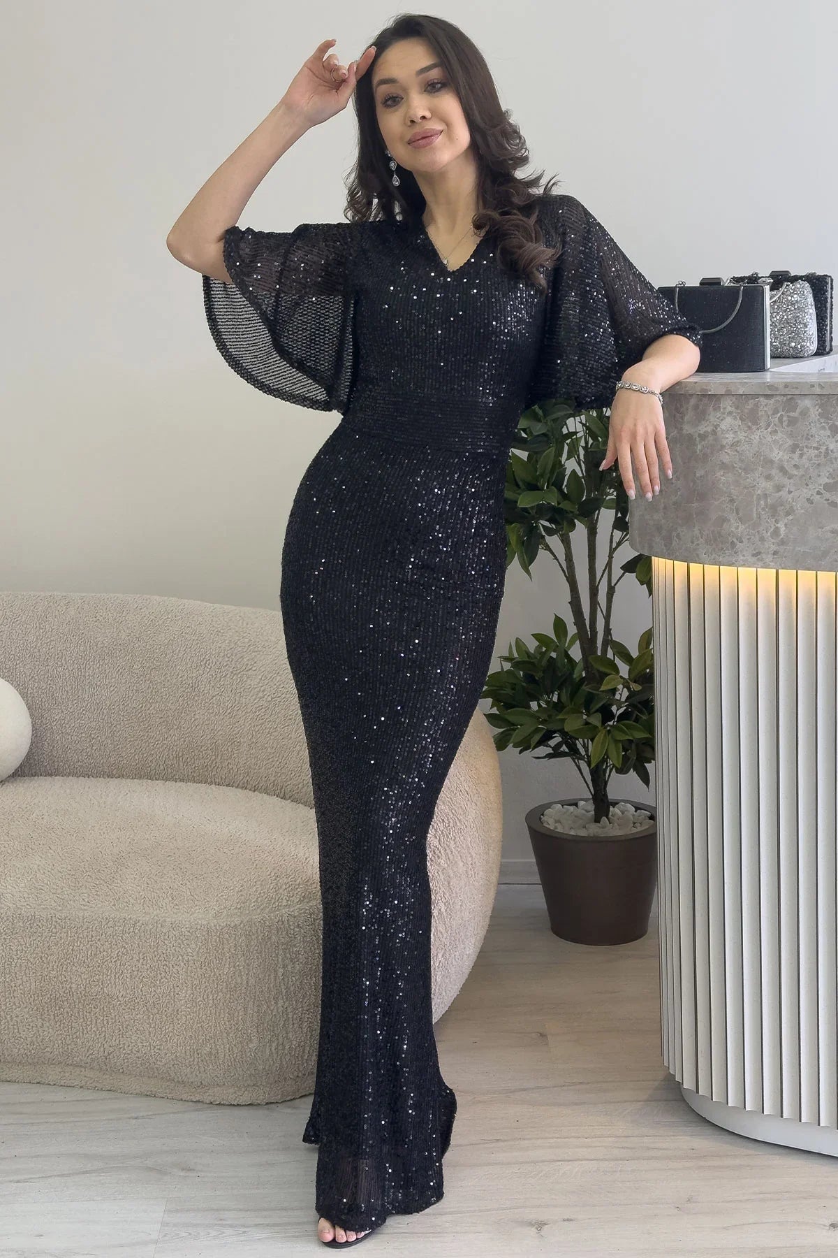 Women's Black Volan Sleeve Sequin Mermaid Evening Gown