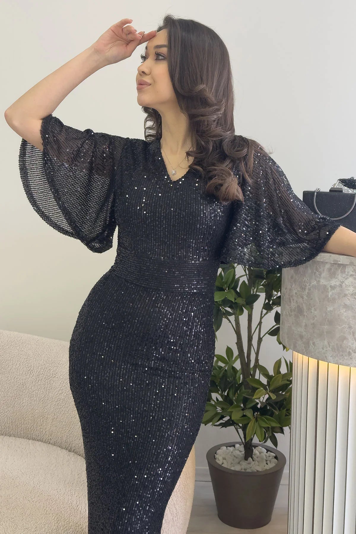 Women's Black Volan Sleeve Sequin Mermaid Evening Gown