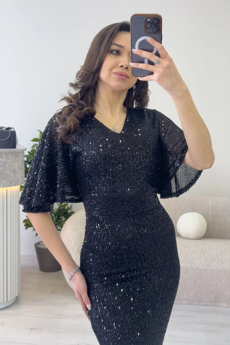 Women's Black Volan Sleeve Sequin Mermaid Evening Gown