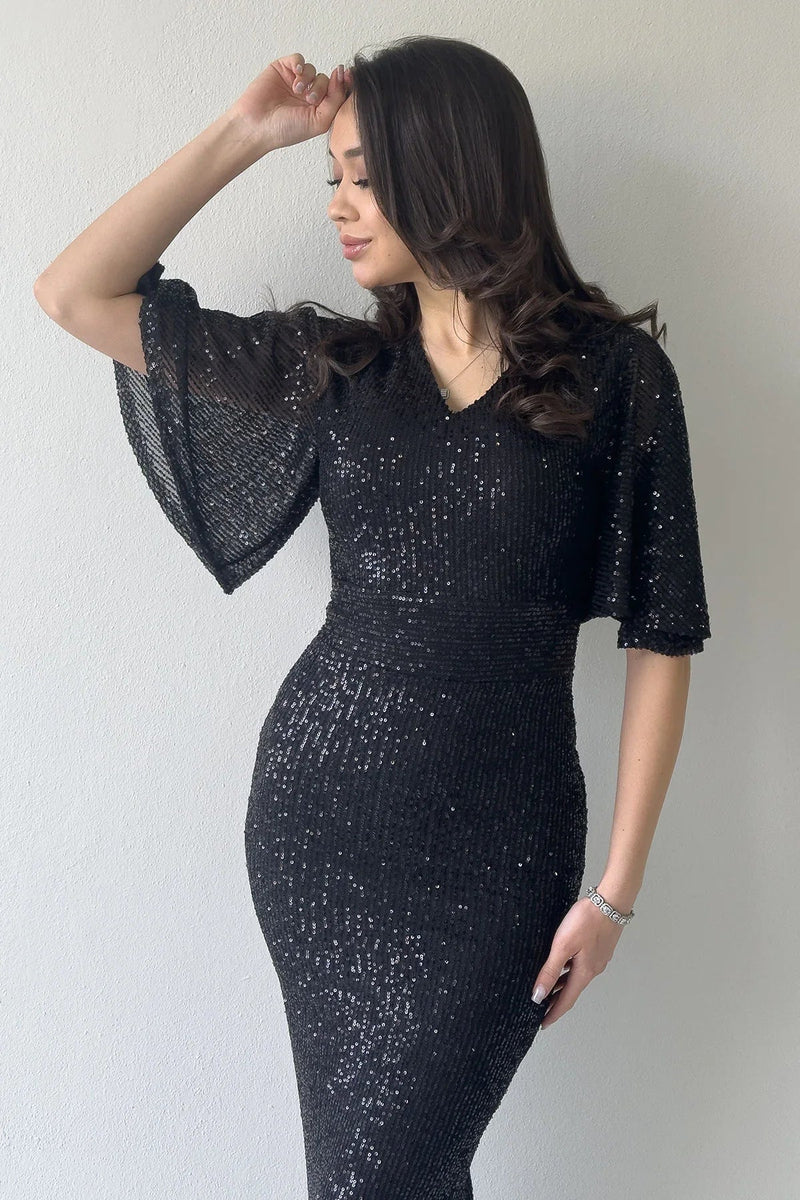 Women's Black Volan Sleeve Sequin Mermaid Evening Gown