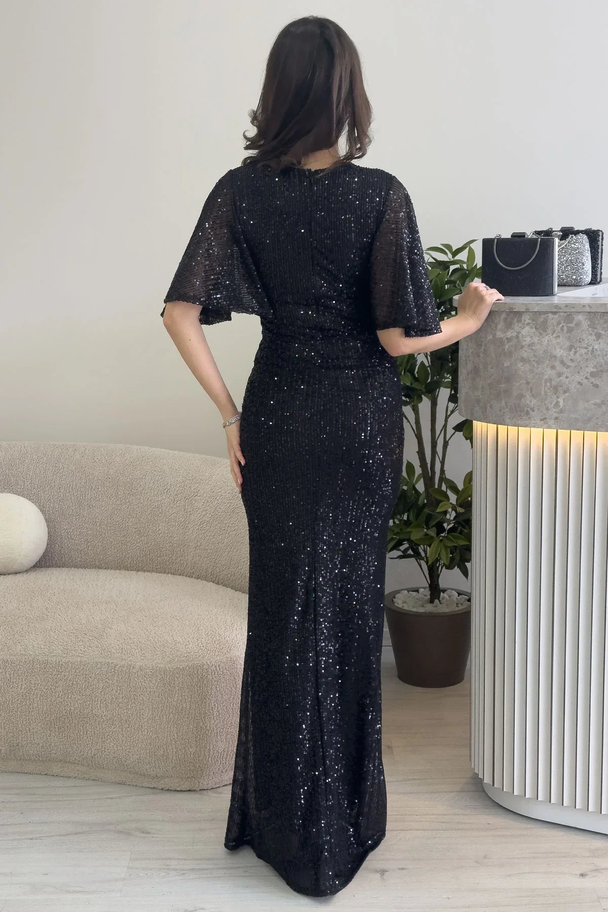 Women's Black Volan Sleeve Sequin Mermaid Evening Gown