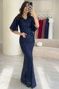 Women's Navy Blue Ruffled Sleeve Sequined Fishtail Evening Dress