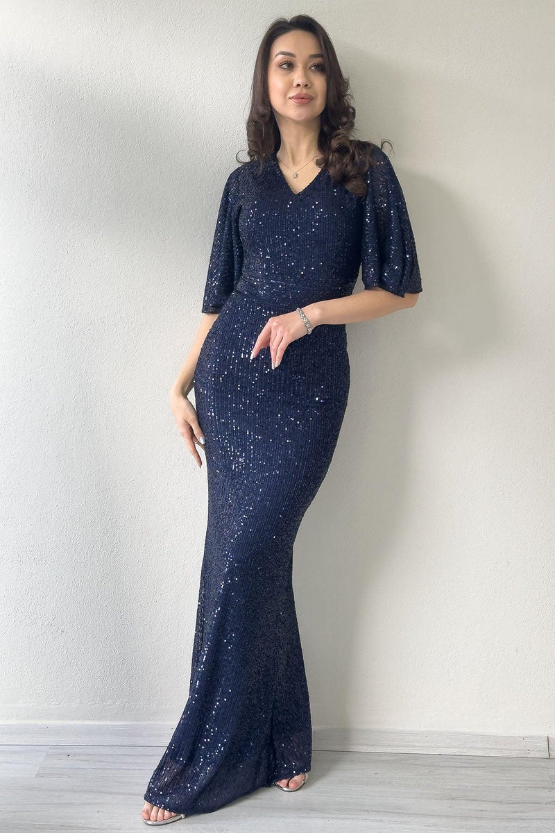Women's Navy Blue Volan Sleeve Sequin Mermaid Evening Gown