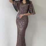 Women's Mink Ruffled Sleeve Sequined Fishtail Evening Dress