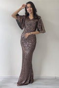 Women's Mink Ruffled Sleeve Sequined Fishtail Evening Dress