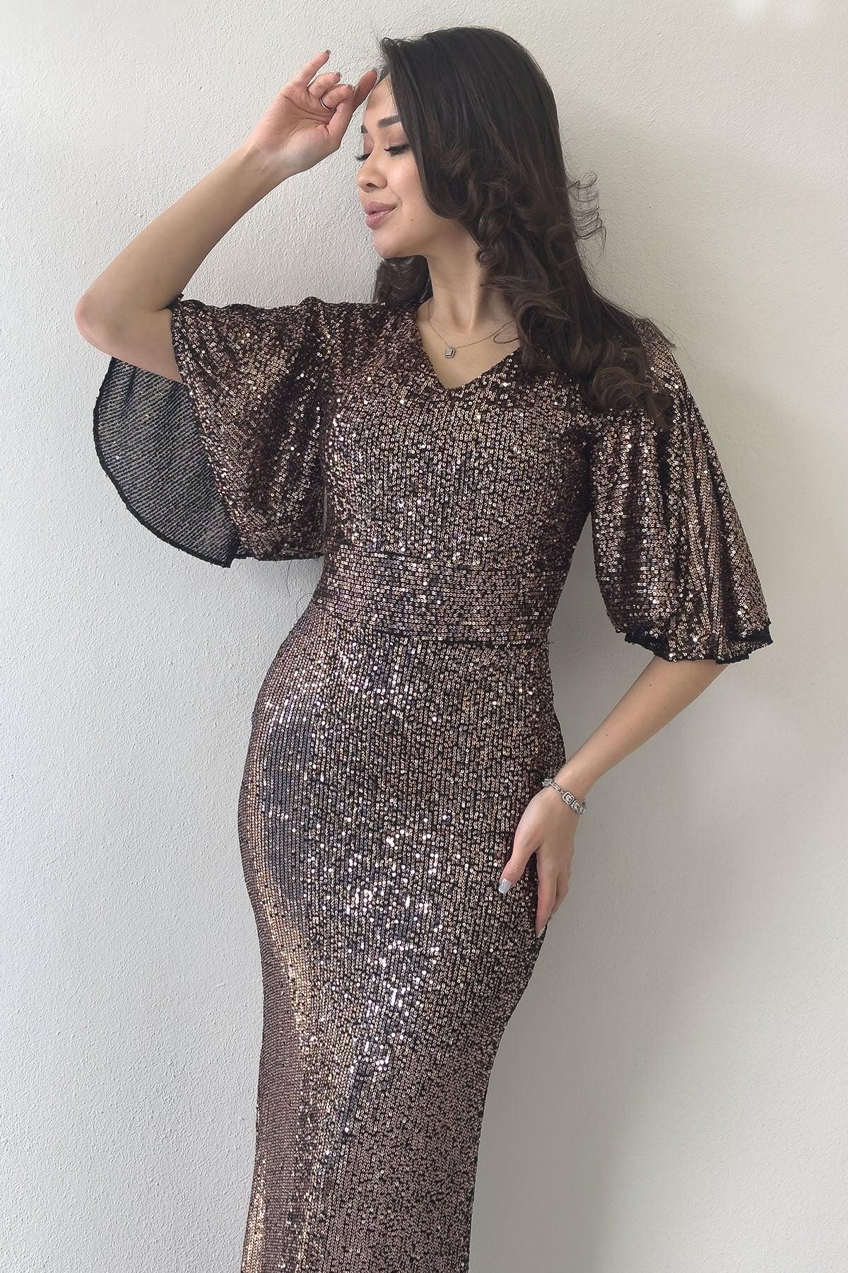 Women's Mink Volan Sleeve Sequin Mermaid Evening Gown