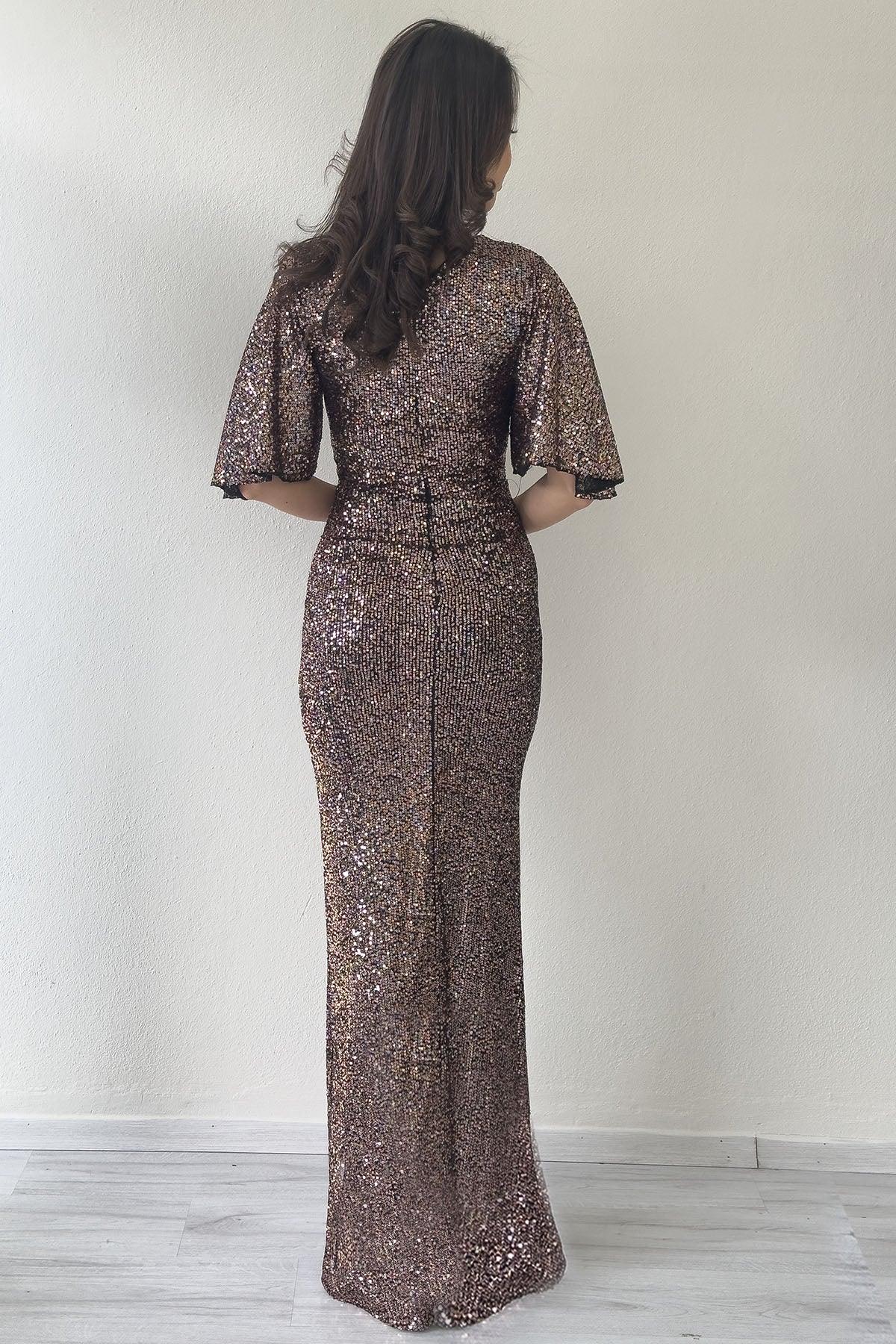 Women's Mink Volan Sleeve Sequin Mermaid Evening Gown