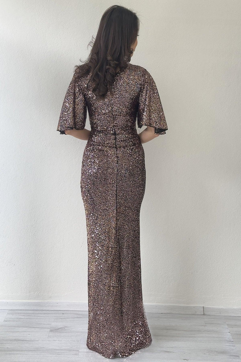 Women's Mink Volan Sleeve Sequin Mermaid Evening Gown