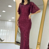 Women's Burgundy Ruffle Sleeve Sequined Fishtail Evening Dress