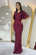 Women's Burgundy Ruffle Sleeve Sequined Fishtail Evening Dress