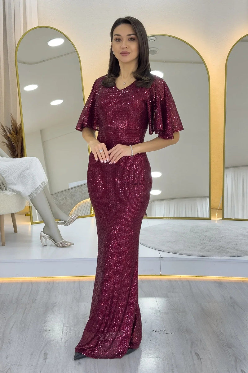 Women's Burgundy Volan Sleeve Sequin Mermaid Evening Gown