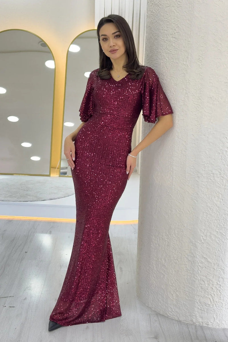 Women's Burgundy Volan Sleeve Sequin Mermaid Evening Gown