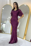 Women's Burgundy Ruffled Sleeve Sequined Fishtail Evening Dress
