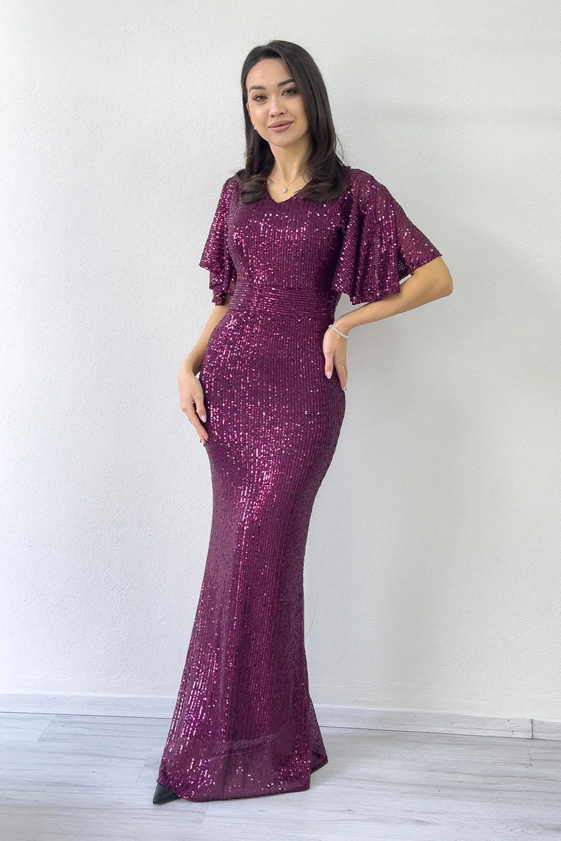Women's Plum Volan Sleeve Sequin Mermaid Evening Gown