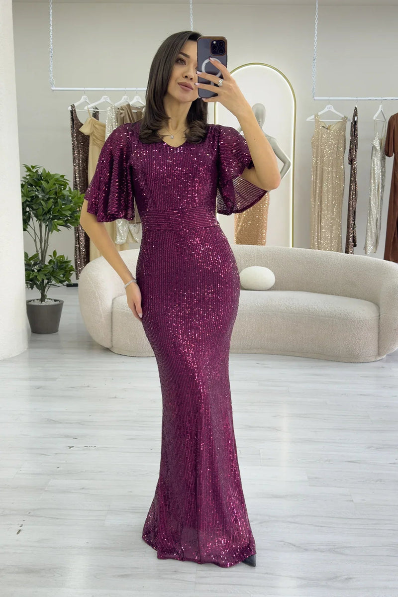 Women's Plum Volan Sleeve Sequin Mermaid Evening Gown