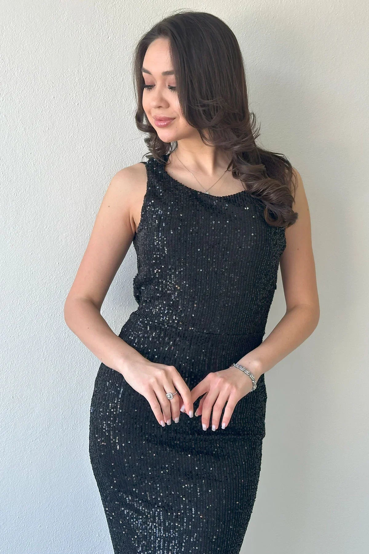 Women's Black Open Back Strap Sequin Plus Size Evening Gown