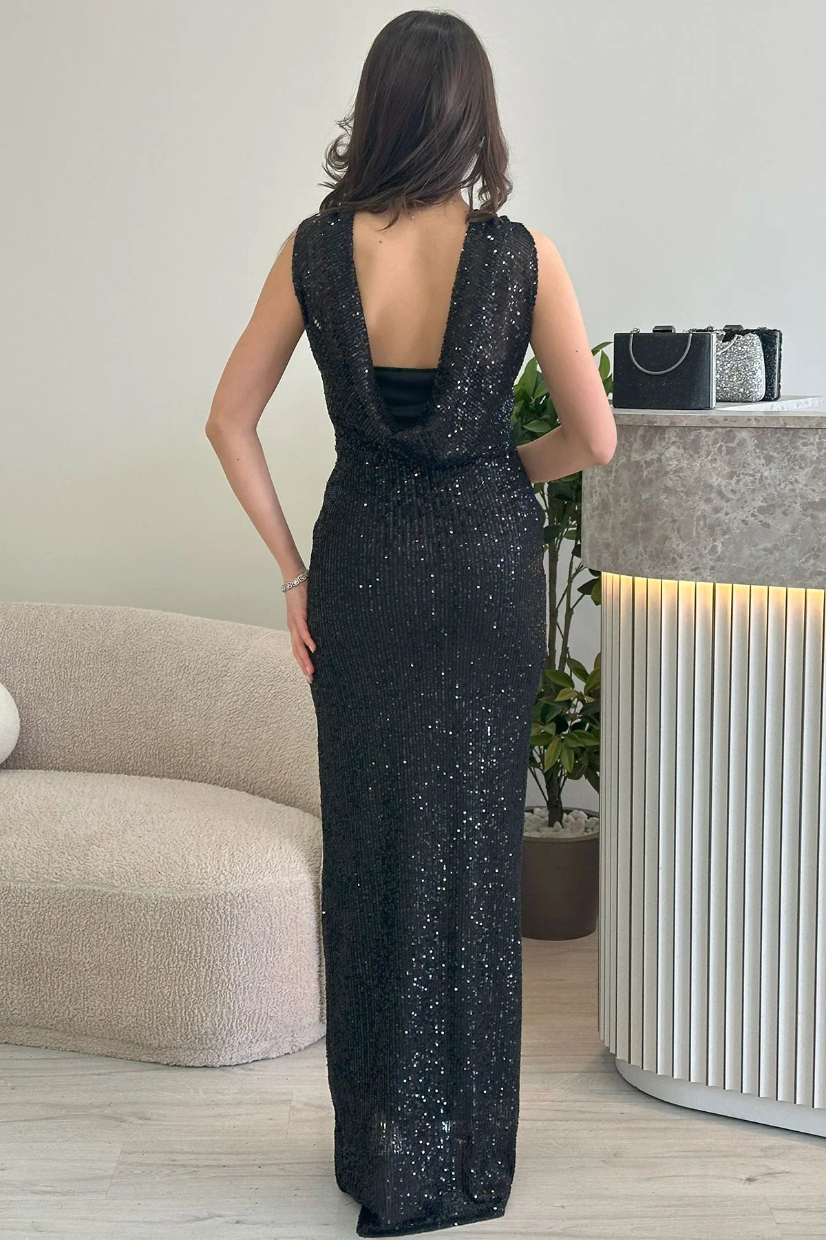 Women's Black Open Back Strap Sequin Plus Size Evening Gown