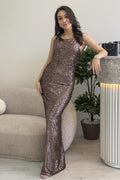 Mink Sleeveless Maxi Sequin Evening Dress