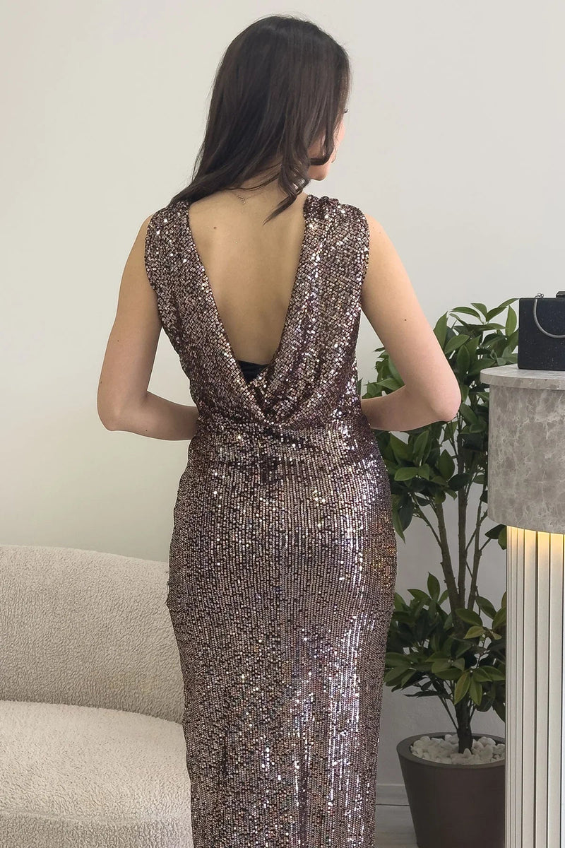Women's Mink Open Back Strap Sequin Plus Size Evening Gown