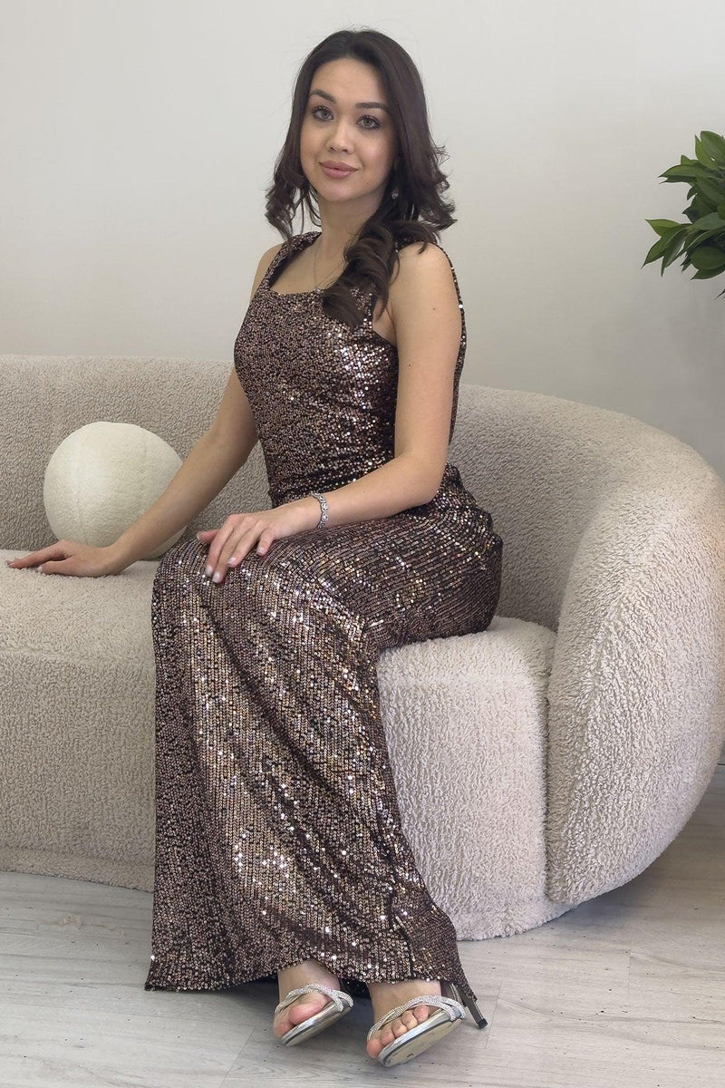 Women's Mink Open Back Strap Sequin Plus Size Evening Gown