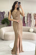 Beige Slit Sequin Evening Dress