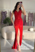 Red Slit Sequin Evening Dress