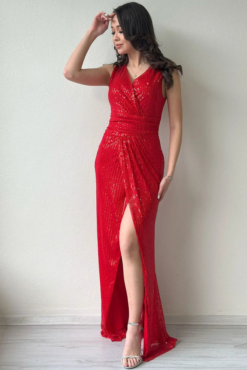 Women's Red Wrap Neck Sequin Tasarım Sleeveless Slit Mermaid Evening Gown