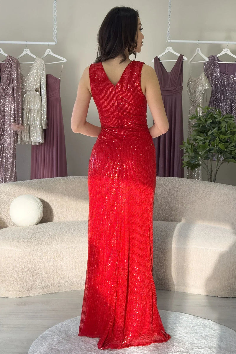 Women's Red Wrap Neck Sequin Tasarım Sleeveless Slit Mermaid Evening Gown
