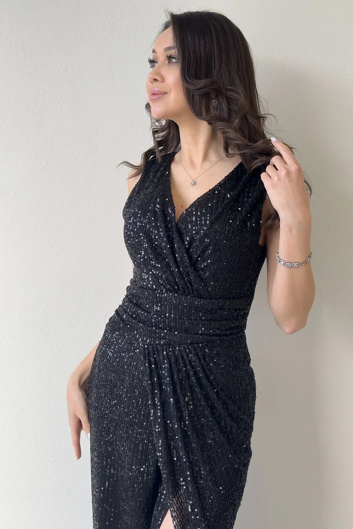 Women's Black Wrap Neck Sequin Tasarım Sleeveless Slit Mermaid Evening Gown