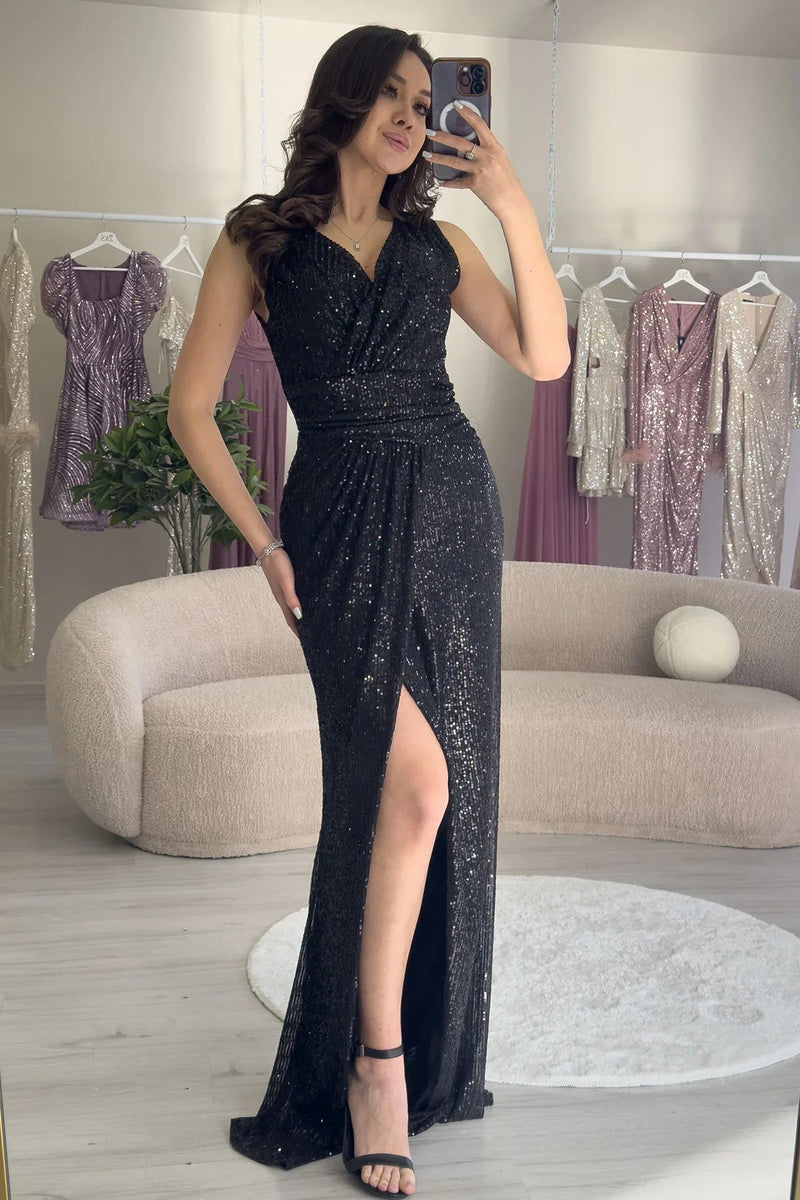 Women's Black Wrap Neck Sequin Tasarım Sleeveless Slit Mermaid Evening Gown