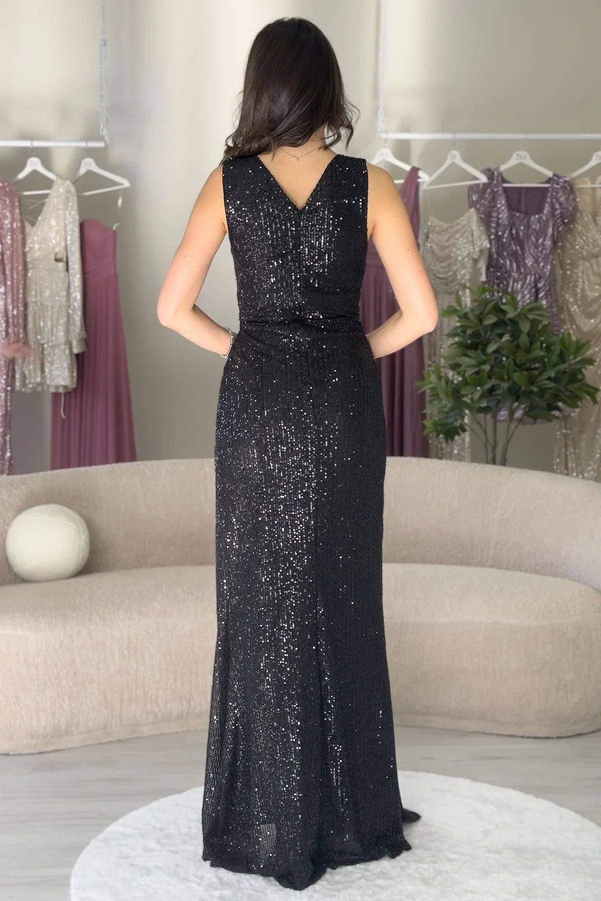 Women's Black Wrap Neck Sequin Tasarım Sleeveless Slit Mermaid Evening Gown
