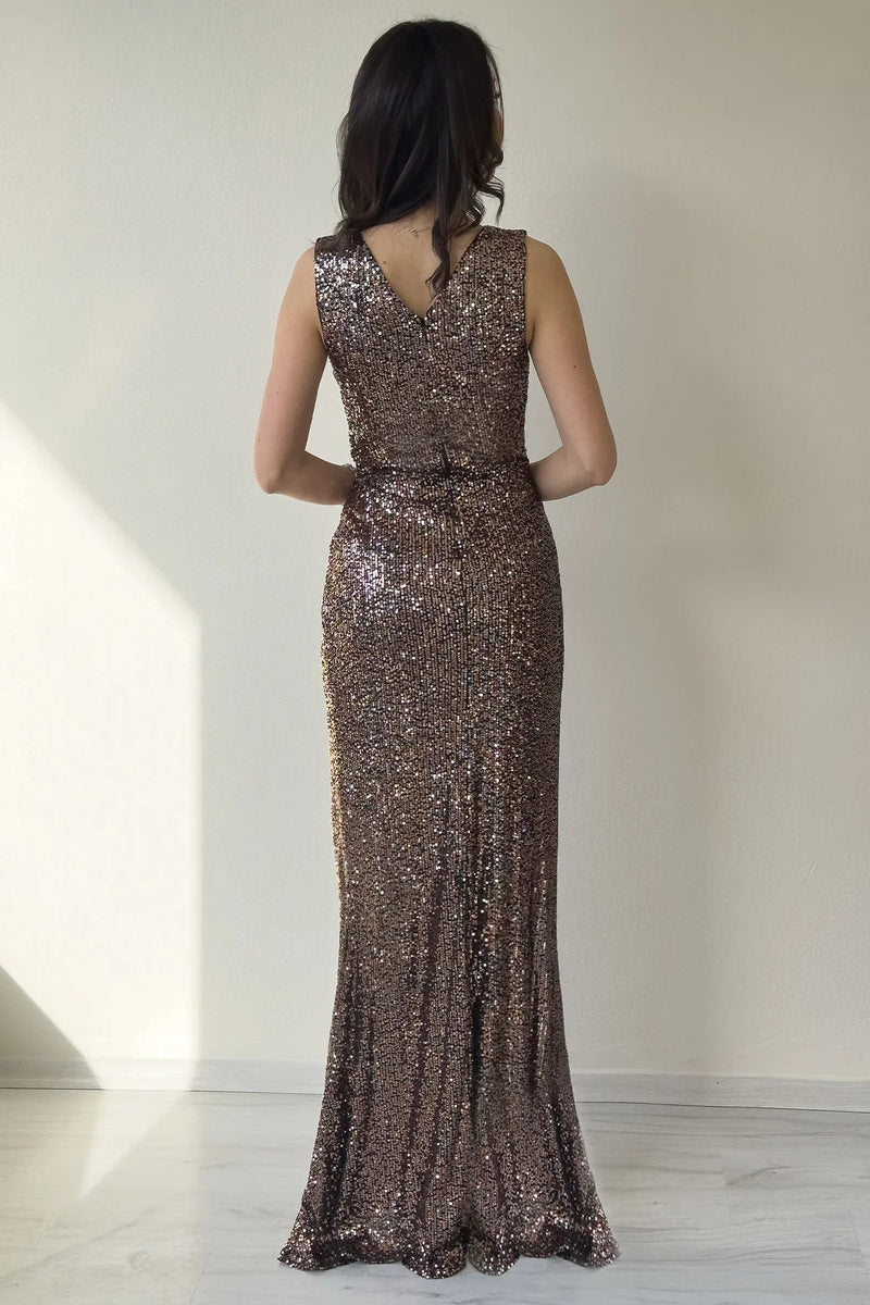 Women's Mink Wrap Neck Sequin Tasarım Sleeveless Slit Mermaid Evening Gown