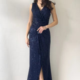 Navy Blue Slit Sequin Evening Dress
