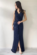 Navy Blue Slit Sequin Evening Dress