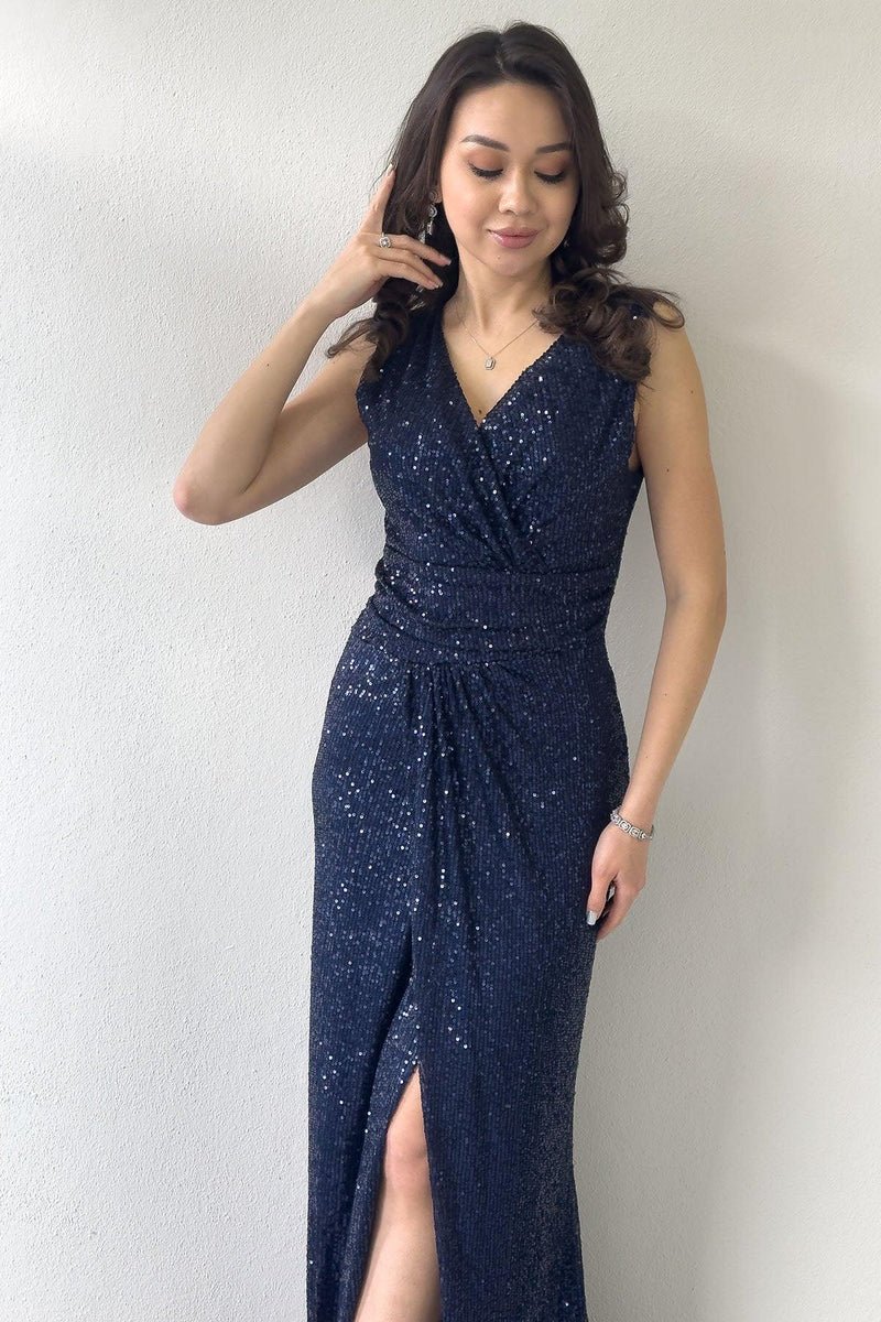 Women's Navy Blue Wrap Neck Sequin Tasarım Sleeveless Slit Mermaid Evening Gown