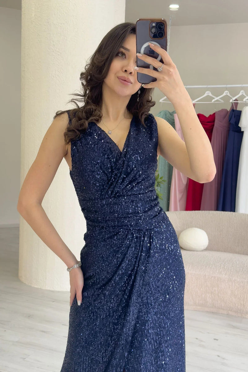 Women's Navy Blue Wrap Neck Sequin Tasarım Sleeveless Slit Mermaid Evening Gown