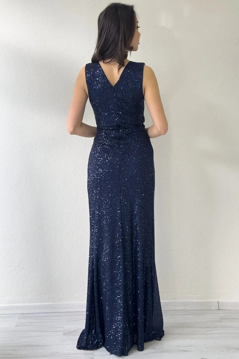 Women's Navy Blue Wrap Neck Sequin Tasarım Sleeveless Slit Mermaid Evening Gown