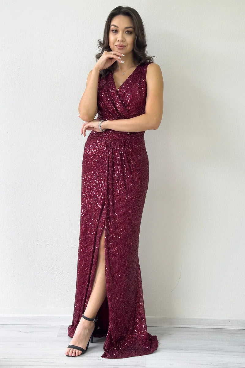 Women's Burgundy Wrap Neck Sequin Tasarım Sleeveless Slit Mermaid Evening Gown