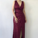 Burgundy Slit Sequin Evening Dress