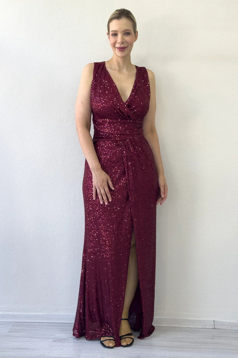 Women's Burgundy Wrap Neck Sequin Tasarım Sleeveless Slit Mermaid Evening Gown
