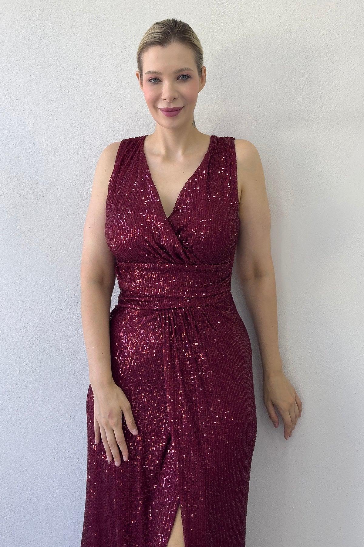 Women's Burgundy Wrap Neck Sequin Tasarım Sleeveless Slit Mermaid Evening Gown