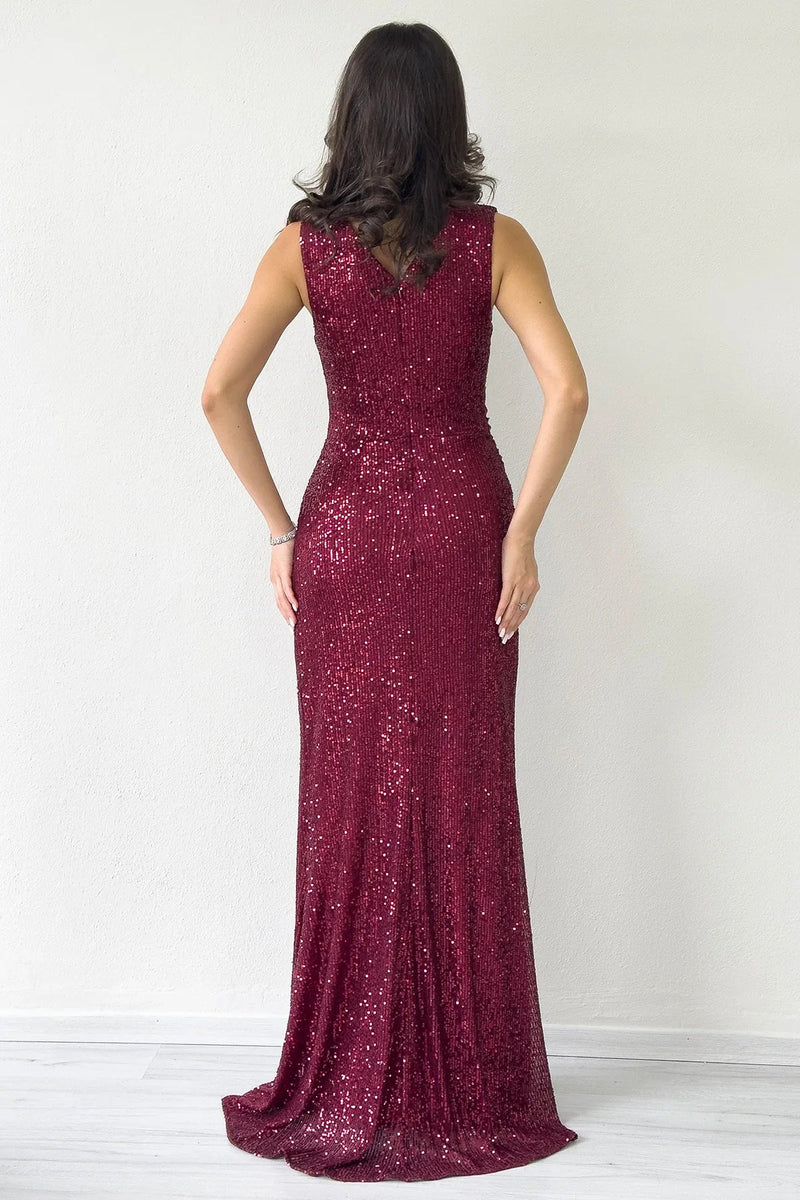 Women's Burgundy Wrap Neck Sequin Tasarım Sleeveless Slit Mermaid Evening Gown