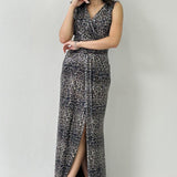 Leopard Slit Sequin Evening Dress